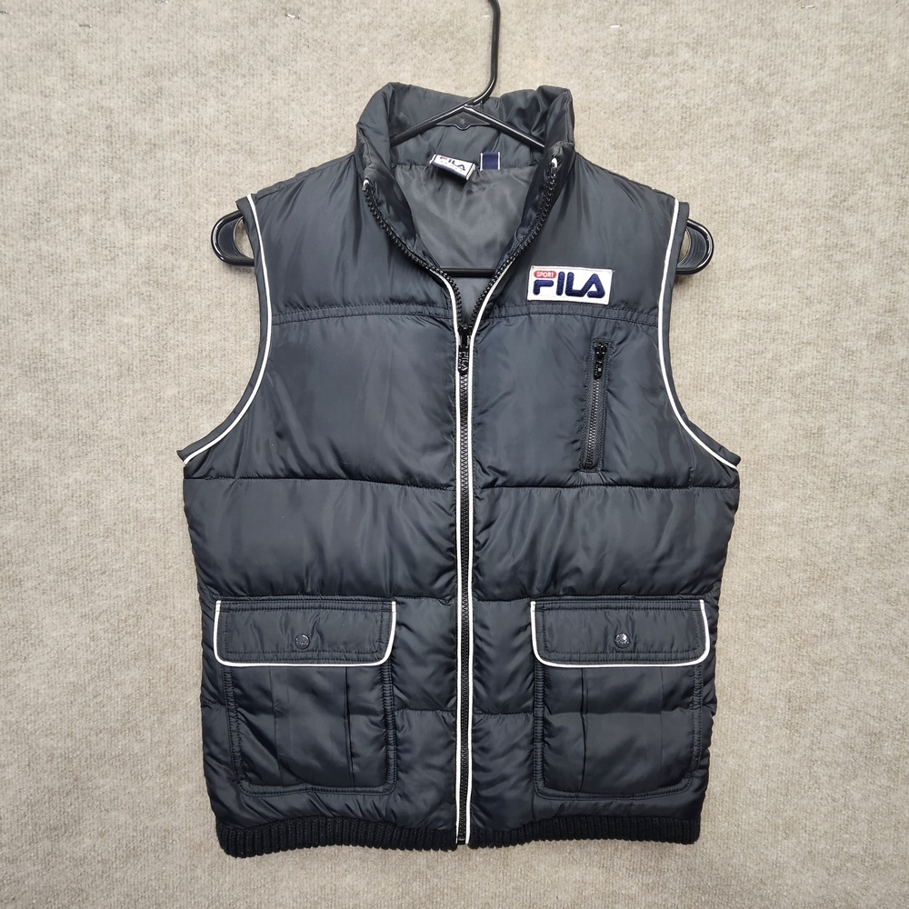 Sale!Fila Sport Y2K Puffer Vest Small Black Full Zip Retro Patch Athleisure Warm